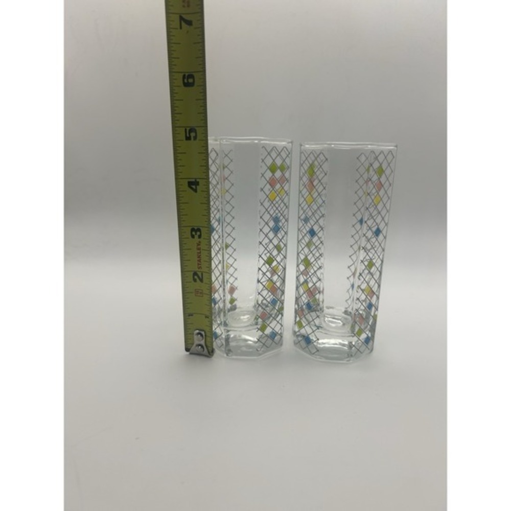 MCM Clear Glass Highball Tumblers with Multicolor Diamond Pattern (Pair) - Picture 5 of 8